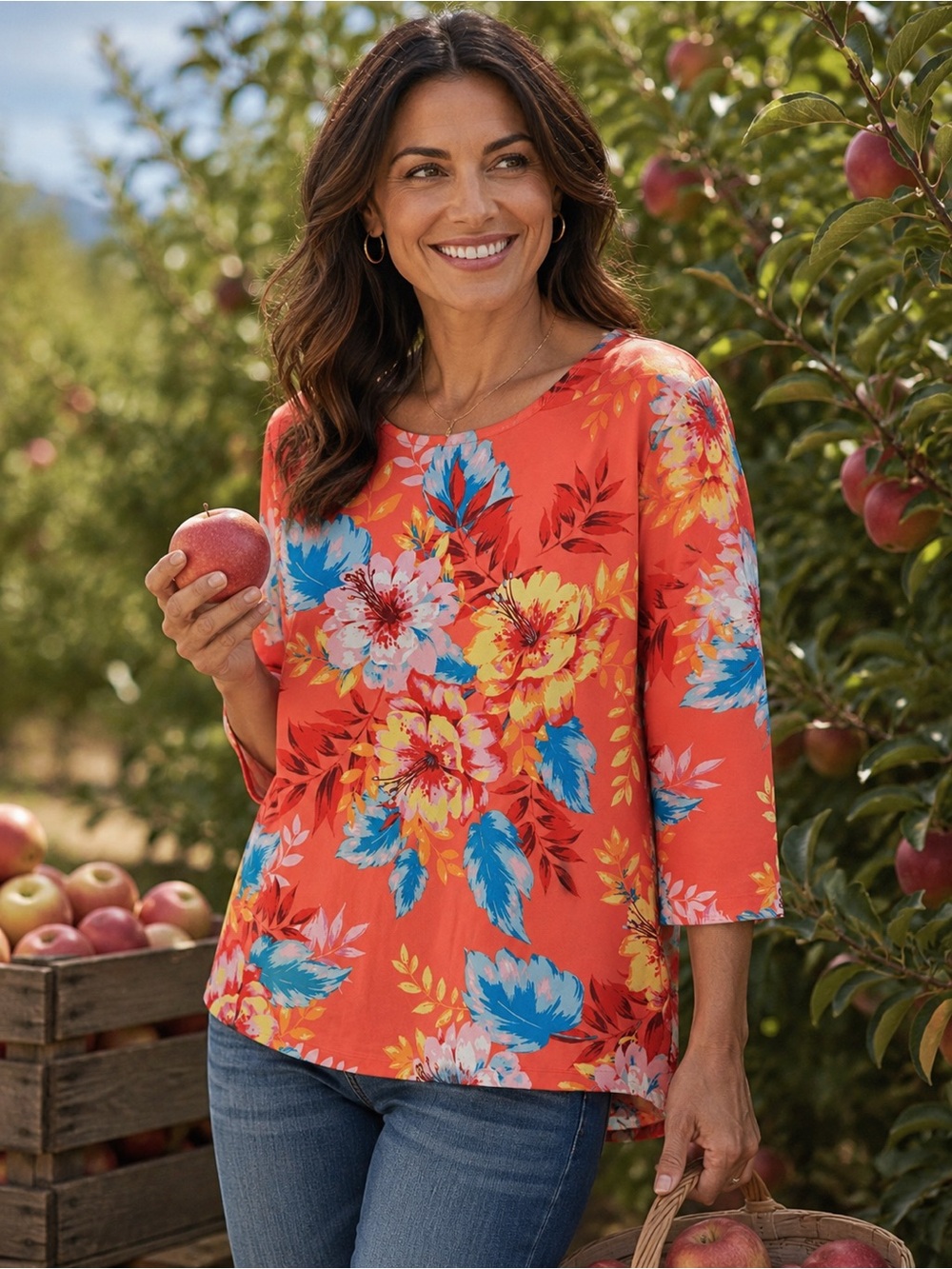 Talbots Coral Floral Scoop-Neck Tee with 3/4 Sleeves